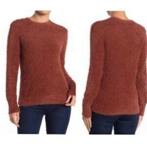 Free Press Faux Fur Fluffy Knit Pullover Crewneck Sweater in Burnt Orange
